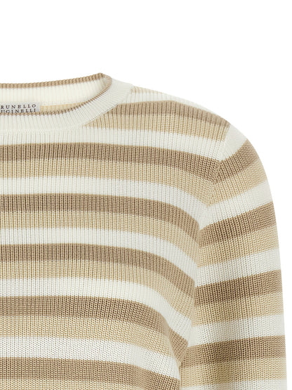 Brunello Cucinelli Striped Cotton Sweater Beige