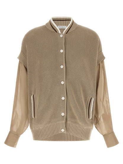 Brunello Cucinelli Organza Sleeve Cardigan Beige