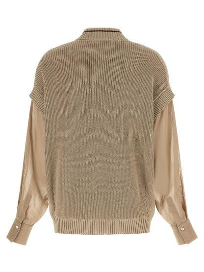 Brunello Cucinelli Organza Sleeve Cardigan Beige