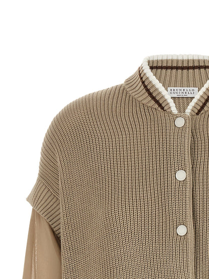 Brunello Cucinelli Organza Sleeve Cardigan Beige