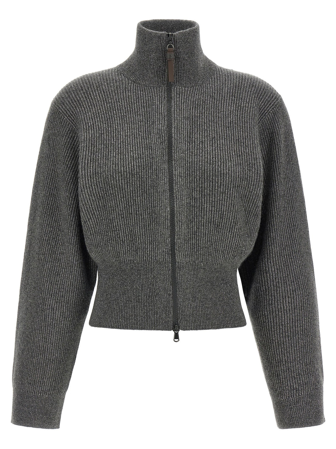 Brunello Cucinelli Ribbed Cardigan With Leather Detail Gray