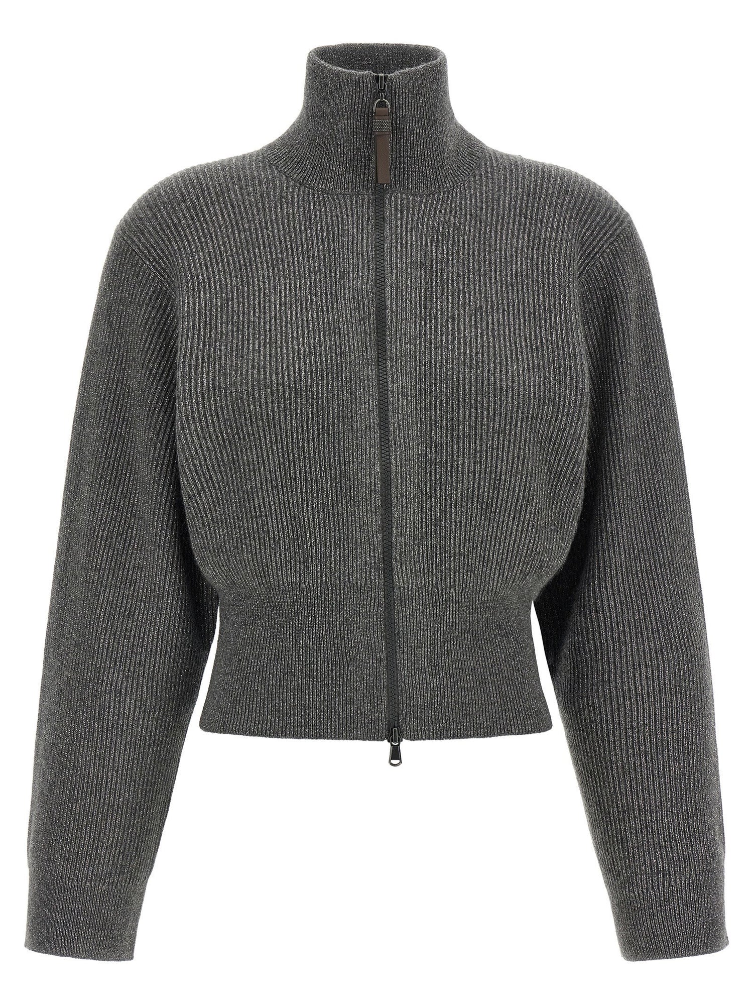 Brunello Cucinelli Ribbed Cardigan With Leather Detail Gray
