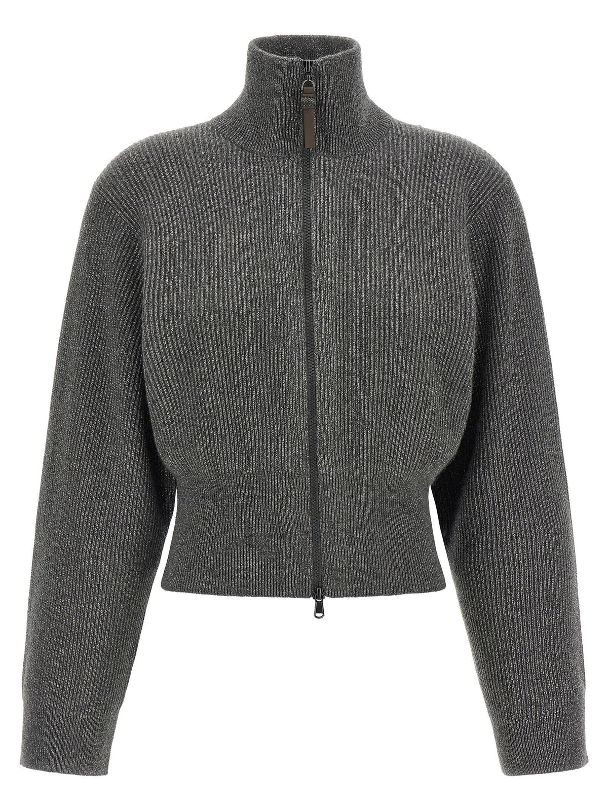 Brunello Cucinelli Ribbed Cardigan With Leather Detail Gray