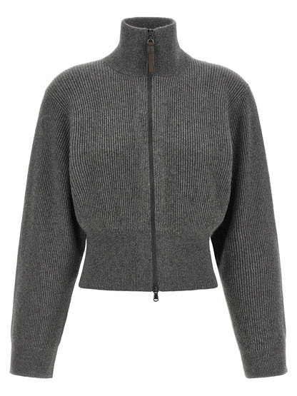 Brunello Cucinelli Ribbed Cardigan With Leather Detail Gray