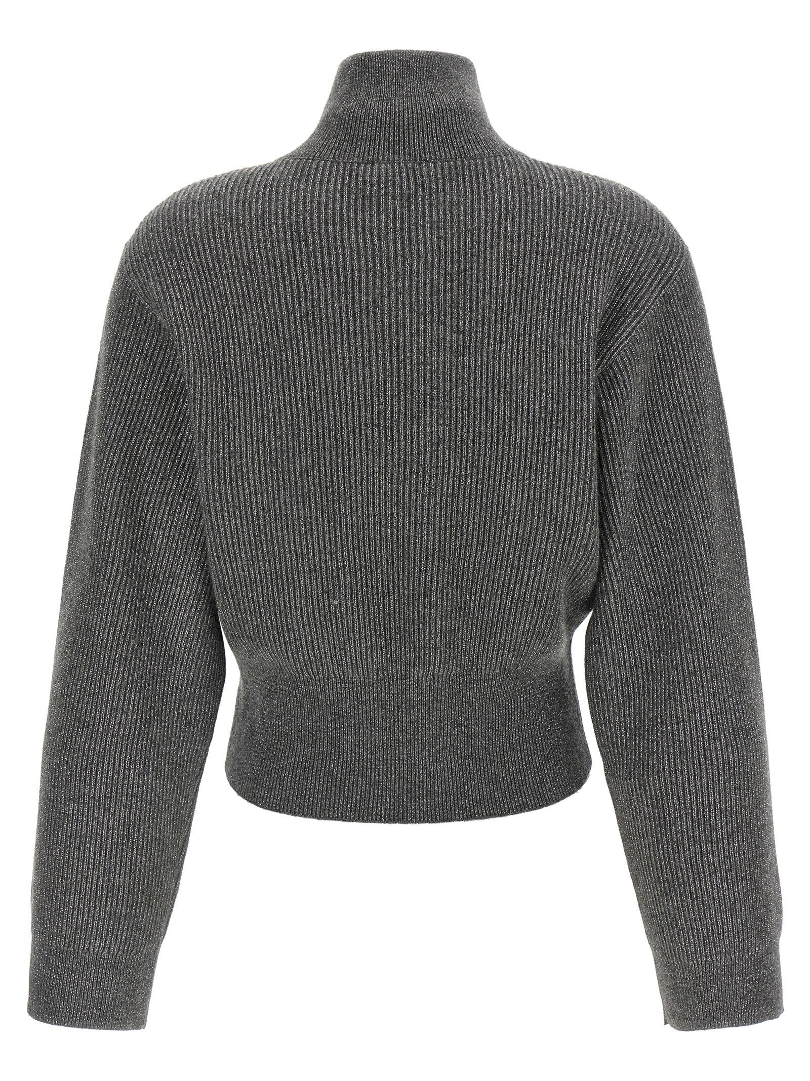 Brunello Cucinelli Ribbed Cardigan With Leather Detail Gray