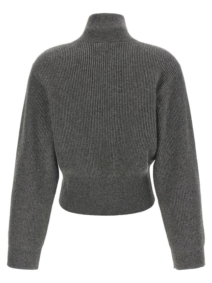 Brunello Cucinelli Ribbed Cardigan With Leather Detail Gray