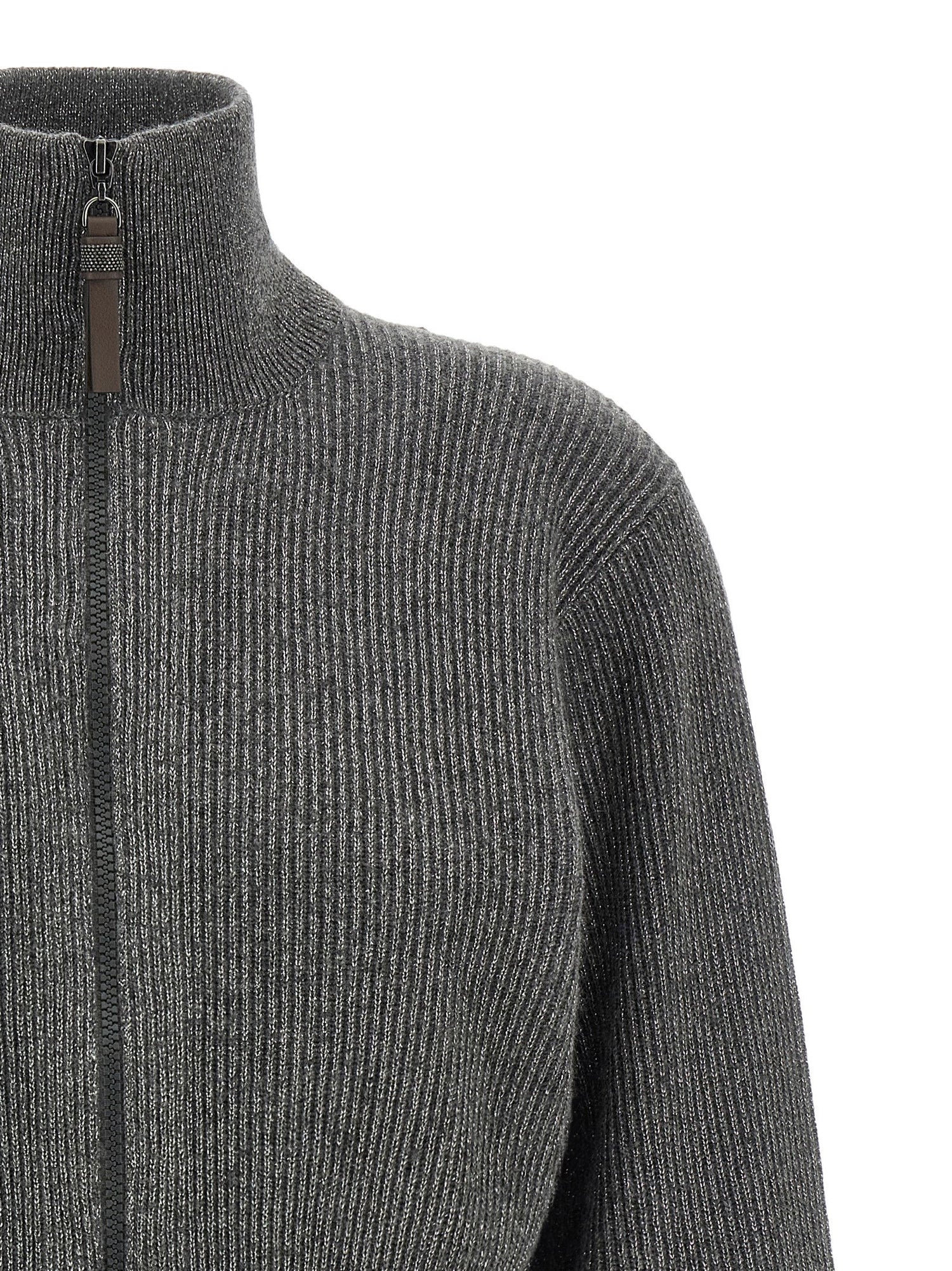 Brunello Cucinelli Ribbed Cardigan With Leather Detail Gray