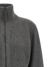 Brunello Cucinelli Ribbed Cardigan With Leather Detail Gray