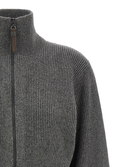 Brunello Cucinelli Ribbed Cardigan With Leather Detail Gray