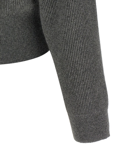 Brunello Cucinelli Ribbed Cardigan With Leather Detail Gray