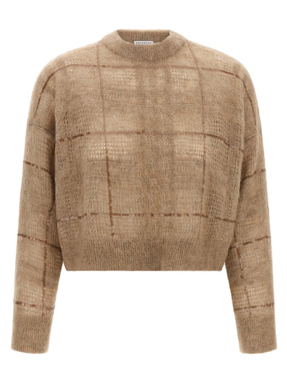 Brunello Cucinelli Sequin Check Sweater Beige
