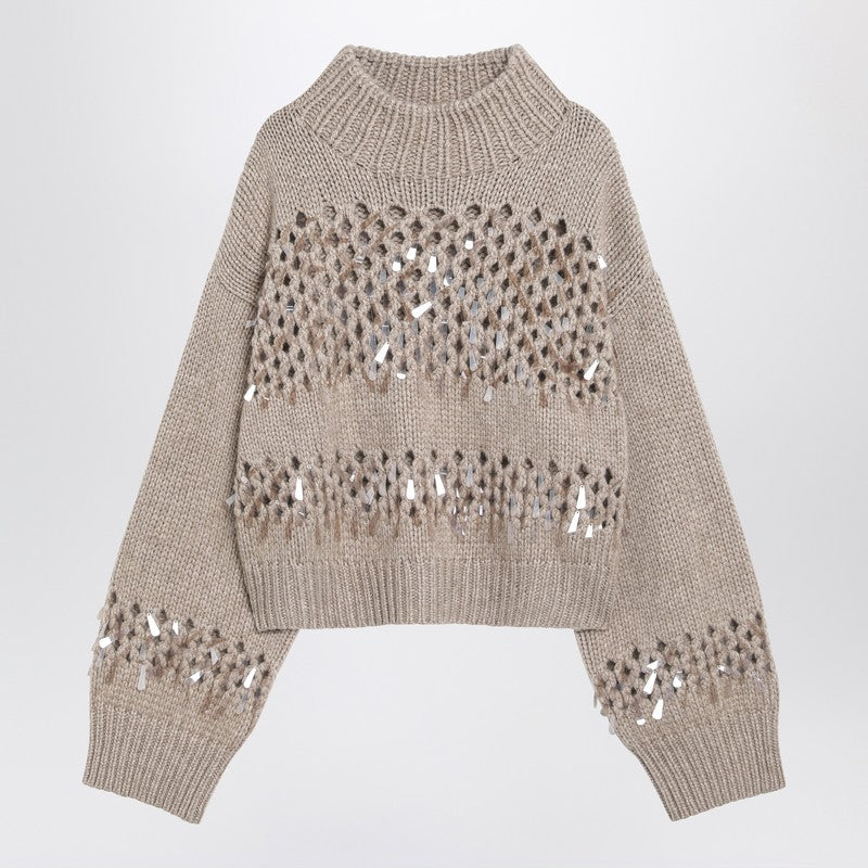 Brunello Cucinelli Brown Cashmere Openwork Jumper with Sequins Brown