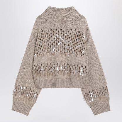 Brunello Cucinelli Brown Cashmere Openwork Jumper with Sequins Brown
