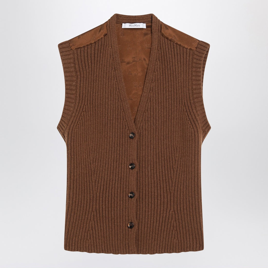 Max Mara Brown Wool-Cashmere Ribbed Gilet with Asymmetric Hem Brown