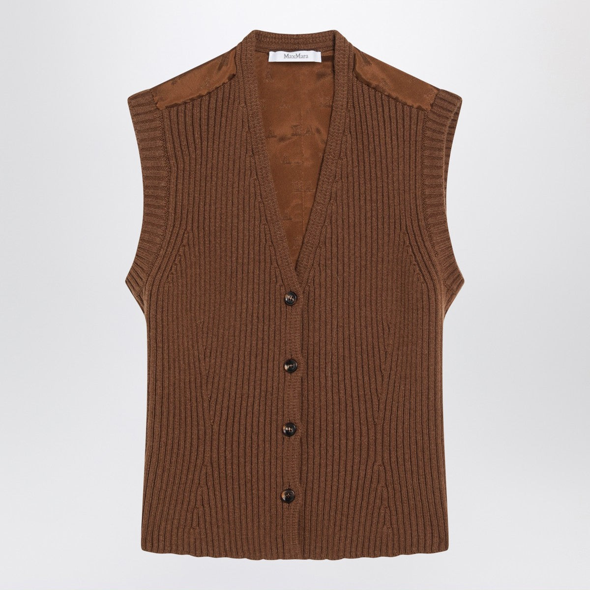 Max Mara Brown Wool-Cashmere Ribbed Gilet with Asymmetric Hem Brown