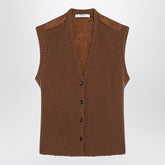 Max Mara Brown Wool-Cashmere Ribbed Gilet with Asymmetric Hem Brown