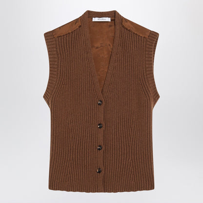 Max Mara Brown Wool-Cashmere Ribbed Gilet with Asymmetric Hem Brown