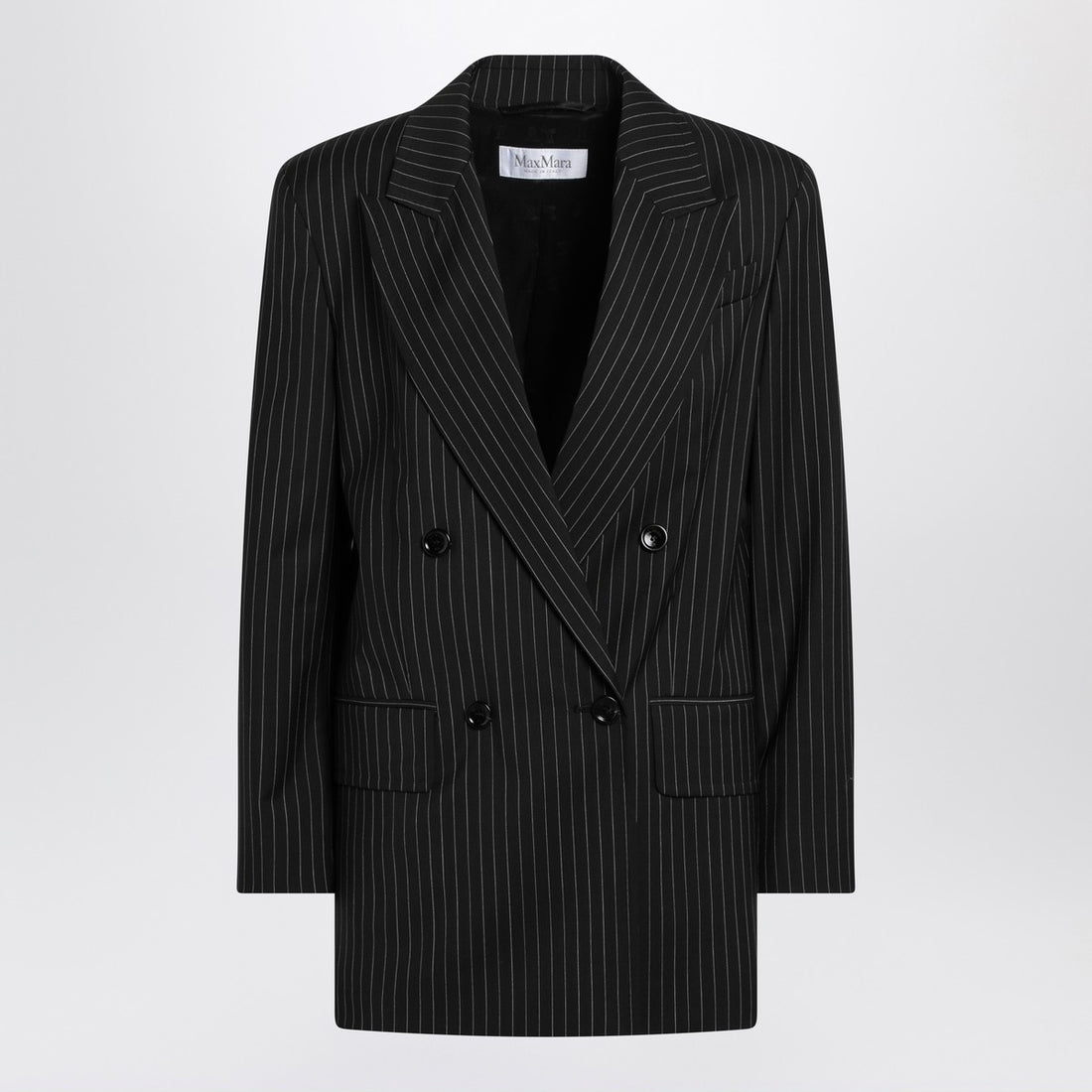 Max Mara Black Pinstriped Double-Breasted Wool Jacket Black