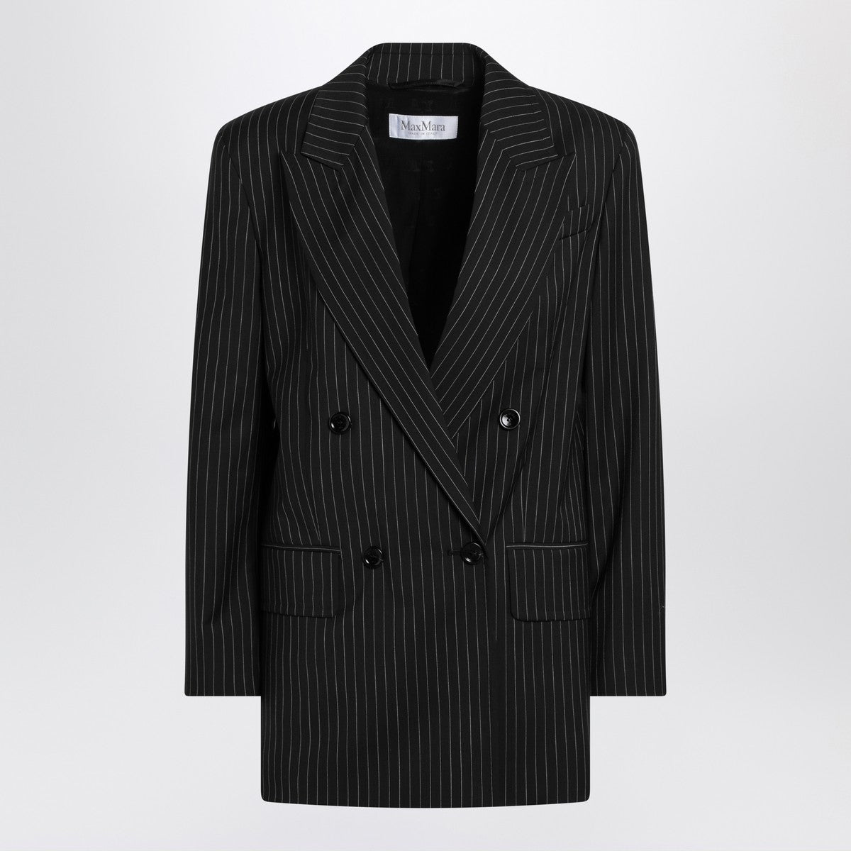 Max Mara Black Pinstriped Double-Breasted Wool Jacket Black