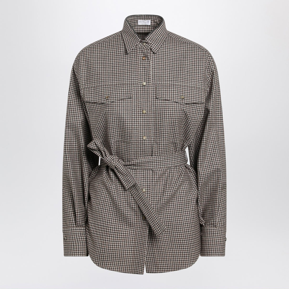 Brunello Cucinelli Check Wool Shirt with Shiny Embellished Collar in Multicolor