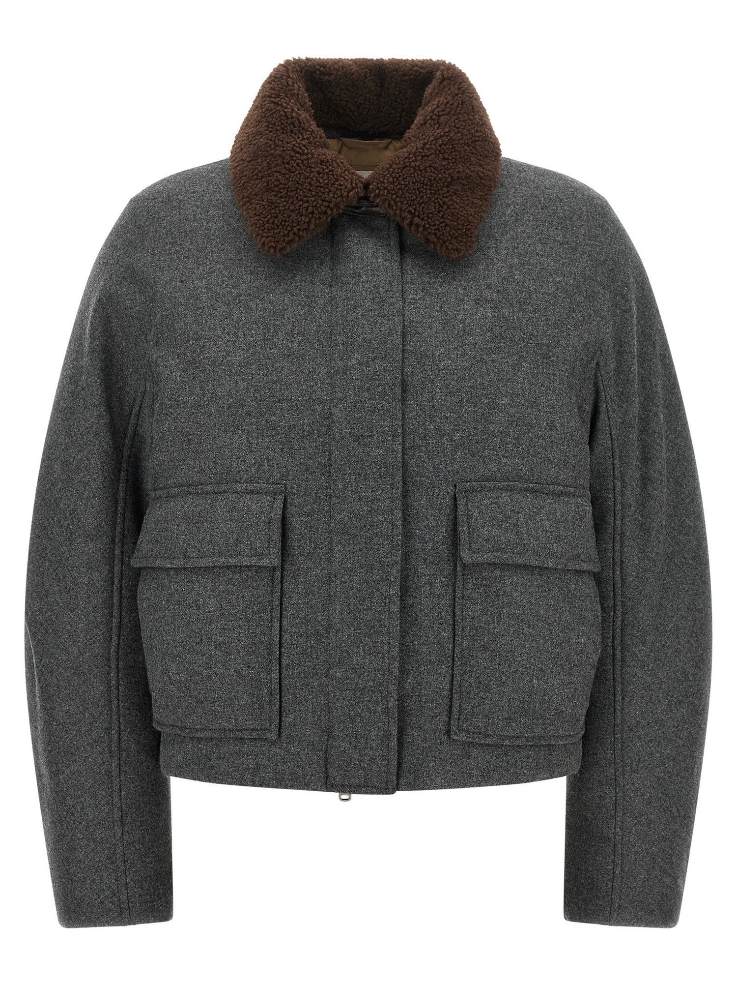 Brunello Cucinelli Shearling Collar Cropped Jacket Gray
