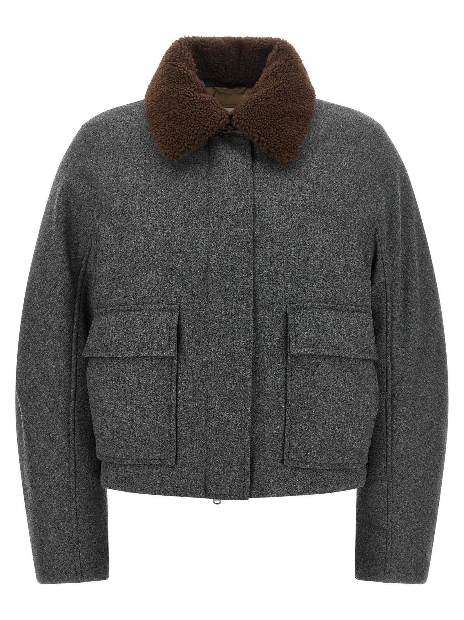 Brunello Cucinelli Shearling Collar Cropped Jacket Gray