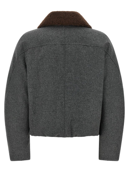 Brunello Cucinelli Shearling Collar Cropped Jacket Gray