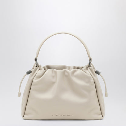 Brunello Cucinelli Small Ivory Leather Bucket Bag with Drawstring White