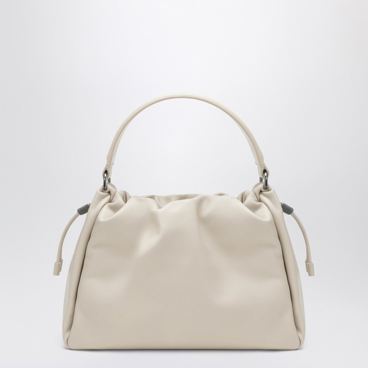 Brunello Cucinelli Small Ivory Leather Bucket Bag with Drawstring White