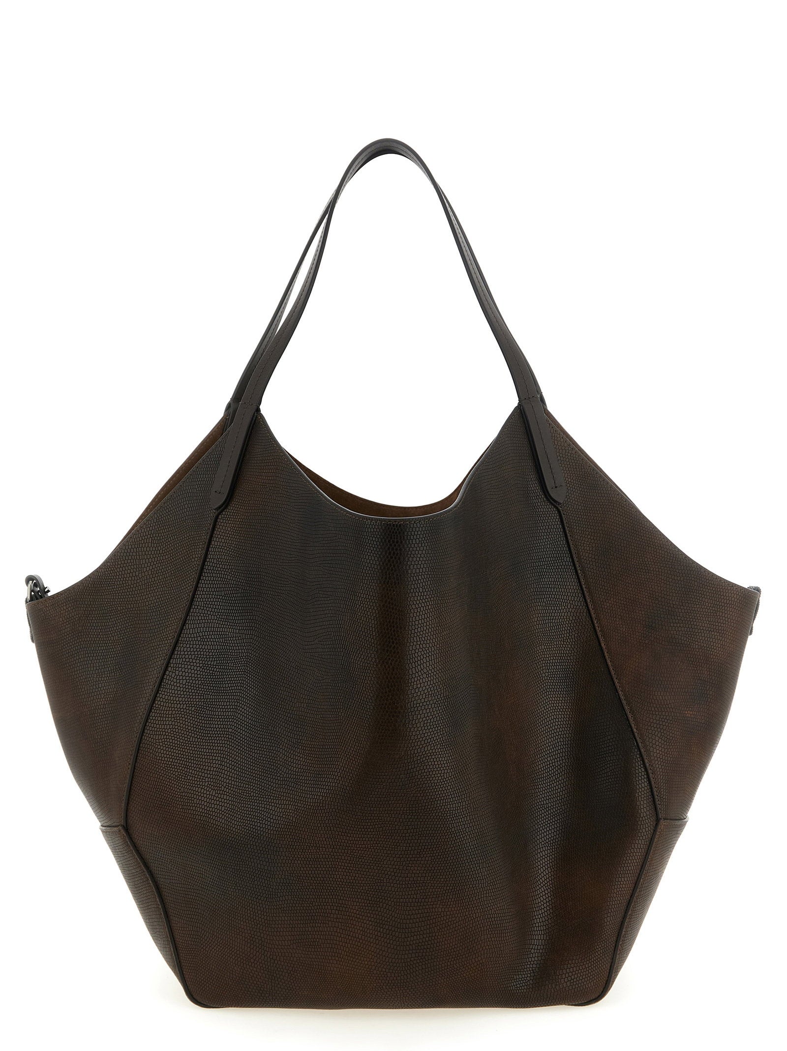 Brunello Cucinelli Reversible Lizard Effect Leather Duo Shopping Bag Brown