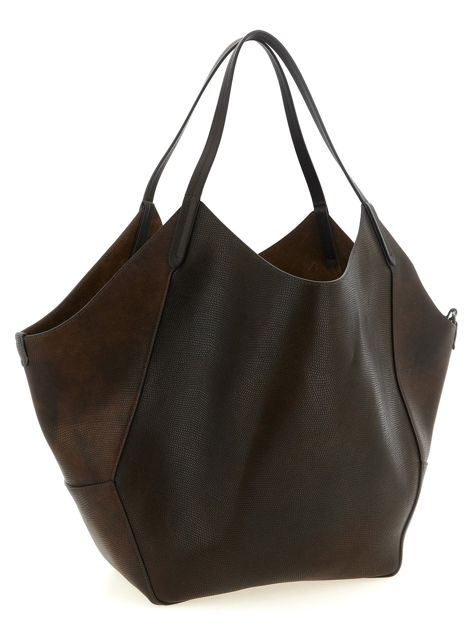 Brunello Cucinelli Reversible Lizard Effect Leather Duo Shopping Bag Brown