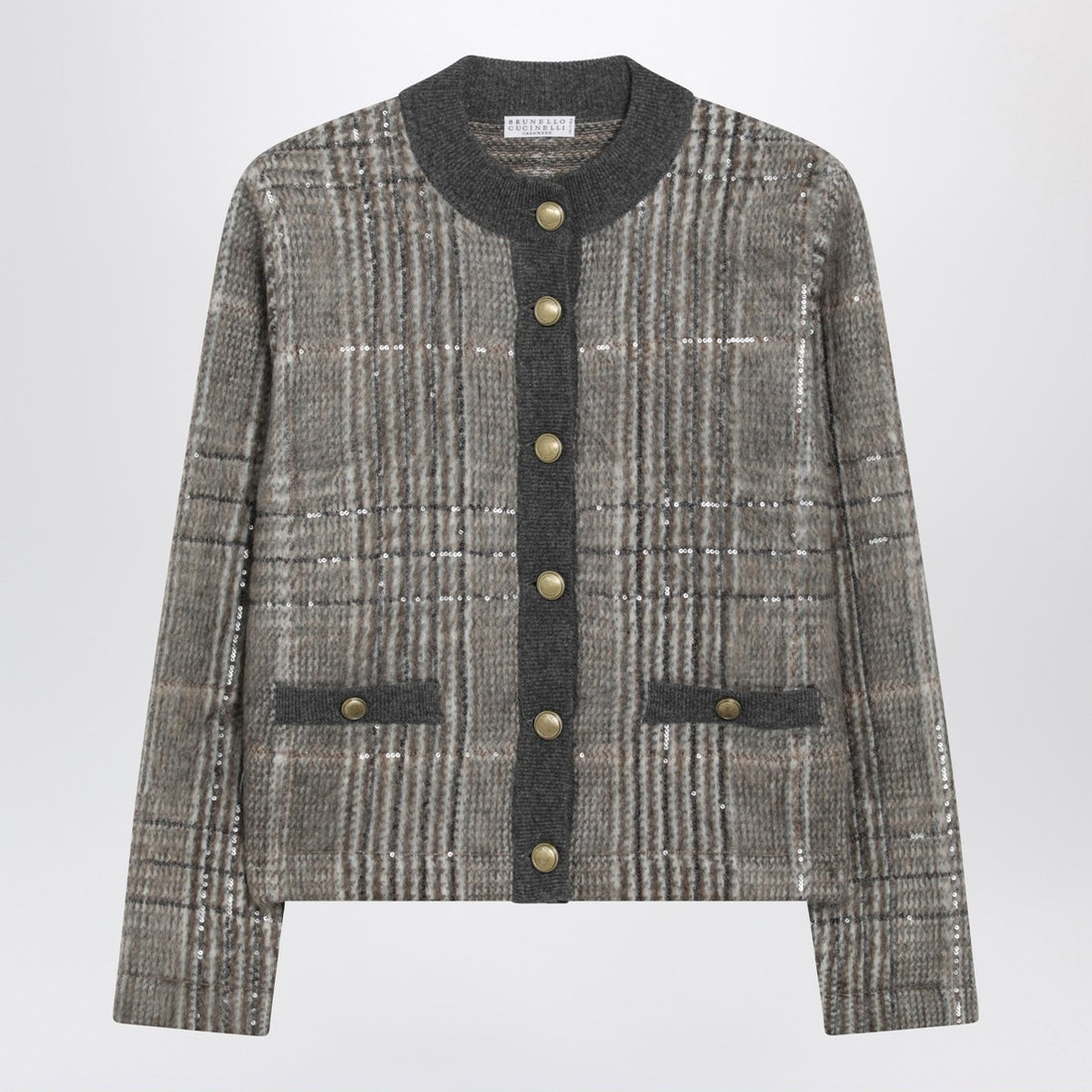 Brunello Cucinelli Jacquard Mohair Wool Cashmere Cardigan with Dazzling Check Embroidery Multicolor