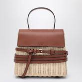 Moschino Tie Mie Raffia and Leather Top Handle Bag Beige