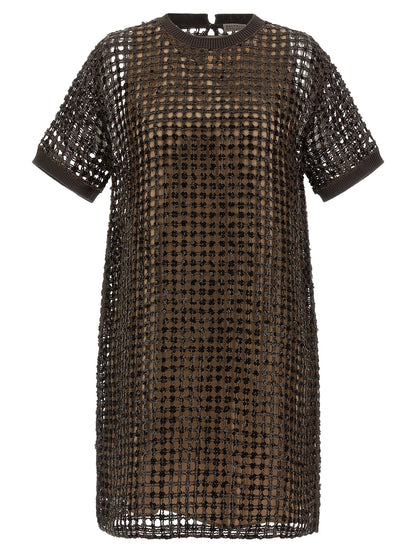 Brunello Cucinelli Sequin Mesh Dress Brown