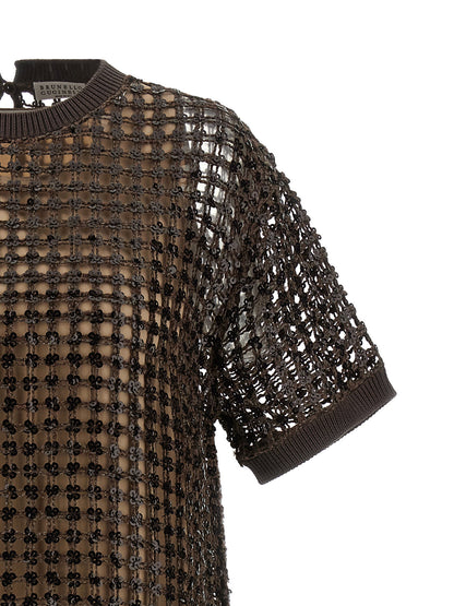 Brunello Cucinelli Sequin Mesh Dress Brown