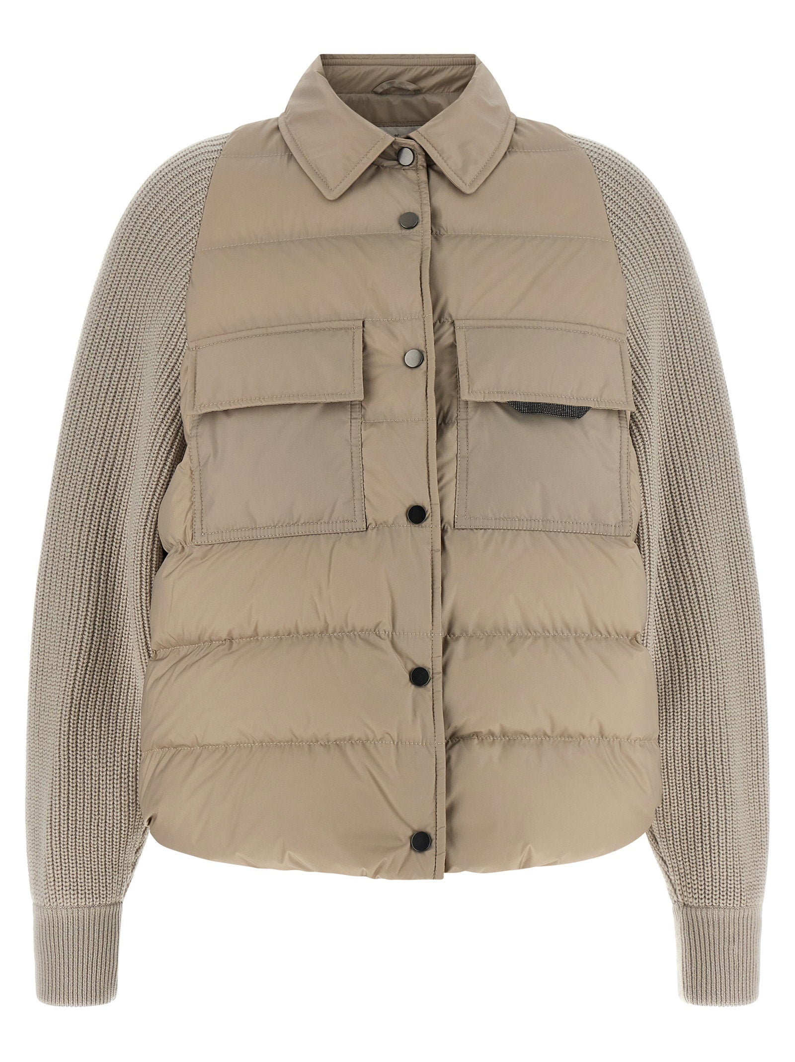 Brunello Cucinelli Shiny Flap Detail Down Jacket Beige