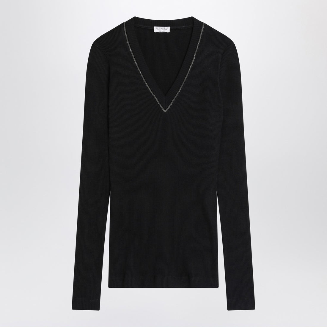 Brunello Cucinelli Blue Ribbed Wool Sweater with Jewel V-Neck Blue