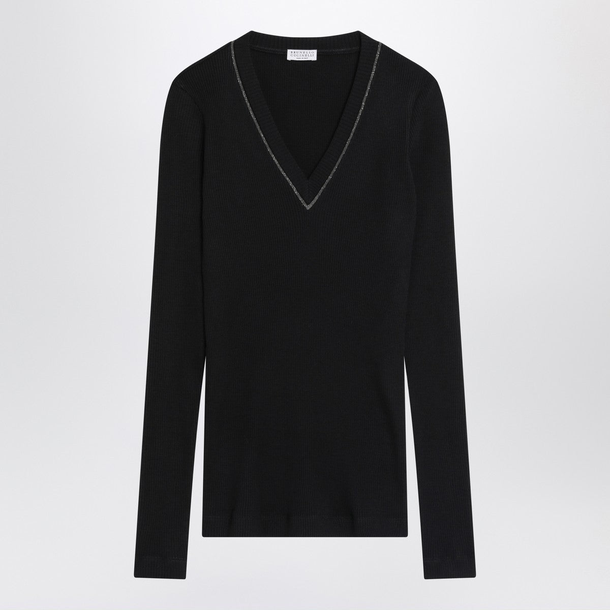 Brunello Cucinelli Blue Ribbed Wool Sweater with Jewel V-Neck Blue