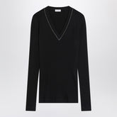 Brunello Cucinelli Blue Ribbed Wool Sweater with Jewel V-Neck Blue