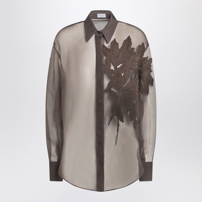 Brunello Cucinelli Brown Silk Shirt with Flora Appliqué and Semi-Transparent Detail Brown