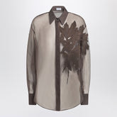 Brunello Cucinelli Brown Silk Shirt with Flora Appliqué and Semi-Transparent Detail Brown