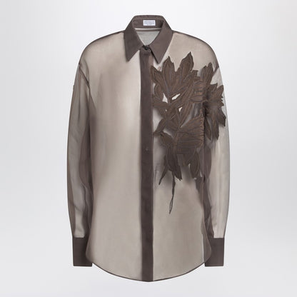 Brunello Cucinelli Brown Silk Shirt with Flora Appliqué and Semi-Transparent Detail Brown