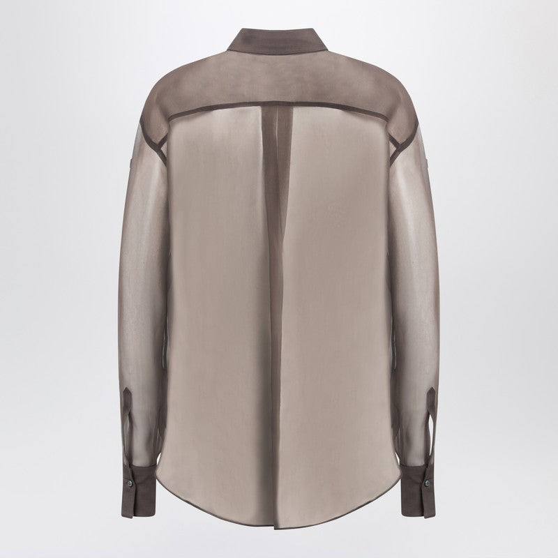 Brunello Cucinelli Brown Silk Shirt with Flora Appliqué and Semi-Transparent Detail Brown