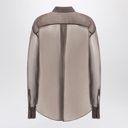 Brunello Cucinelli Brown Silk Shirt with Flora Appliqué and Semi-Transparent Detail Brown