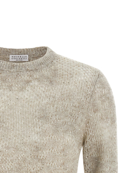 Brunello Cucinelli Flower Lace Sweater Beige