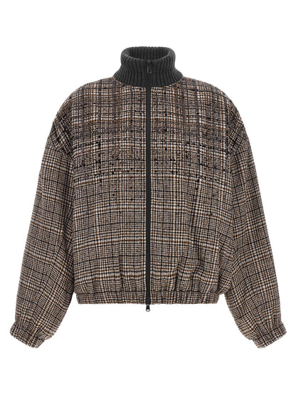 Brunello Cucinelli Sequin Check Bomber Jacket Brown