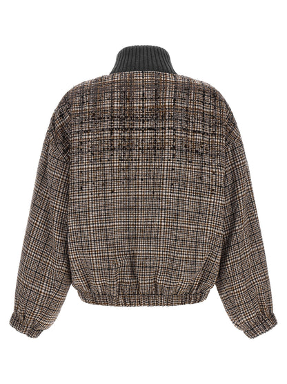 Brunello Cucinelli Sequin Check Bomber Jacket Brown