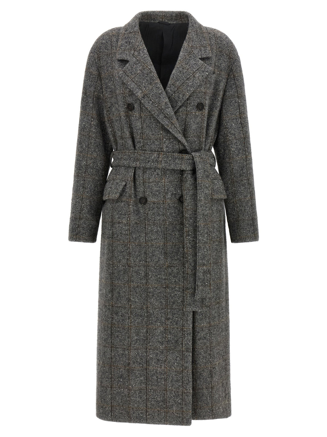 Brunello Cucinelli Check Tweed Coat Gray