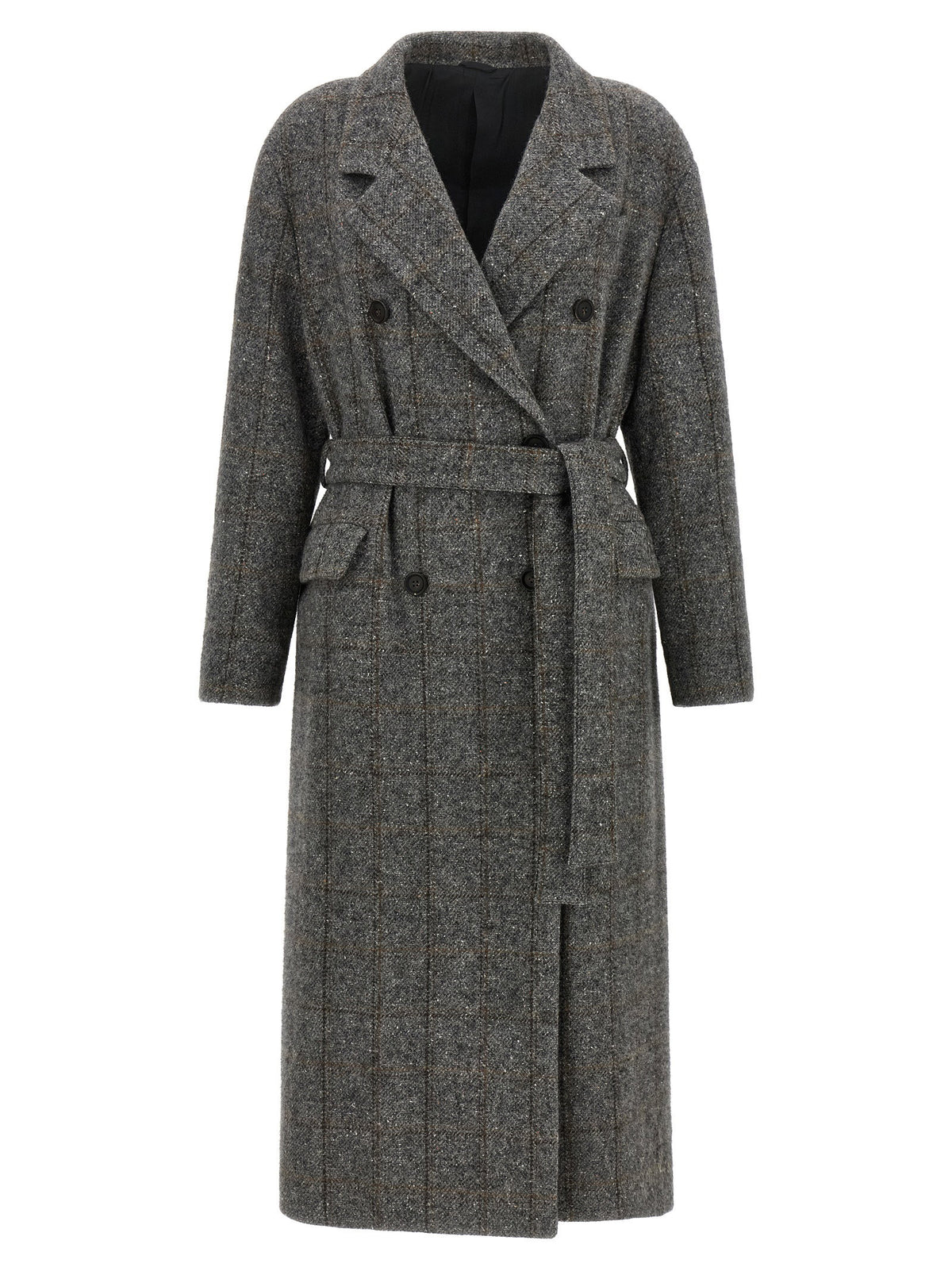 Brunello Cucinelli Check Tweed Coat Gray