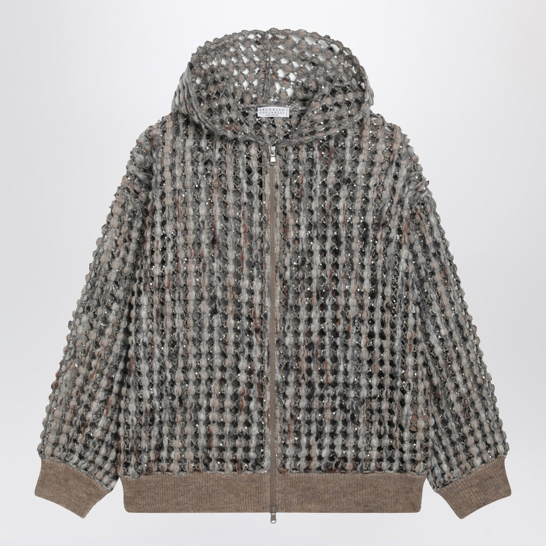 Brunello Cucinelli Camel Balloon-Sleeve Openwork Hooded Cardigan with Sequin Embroidery Multicolor